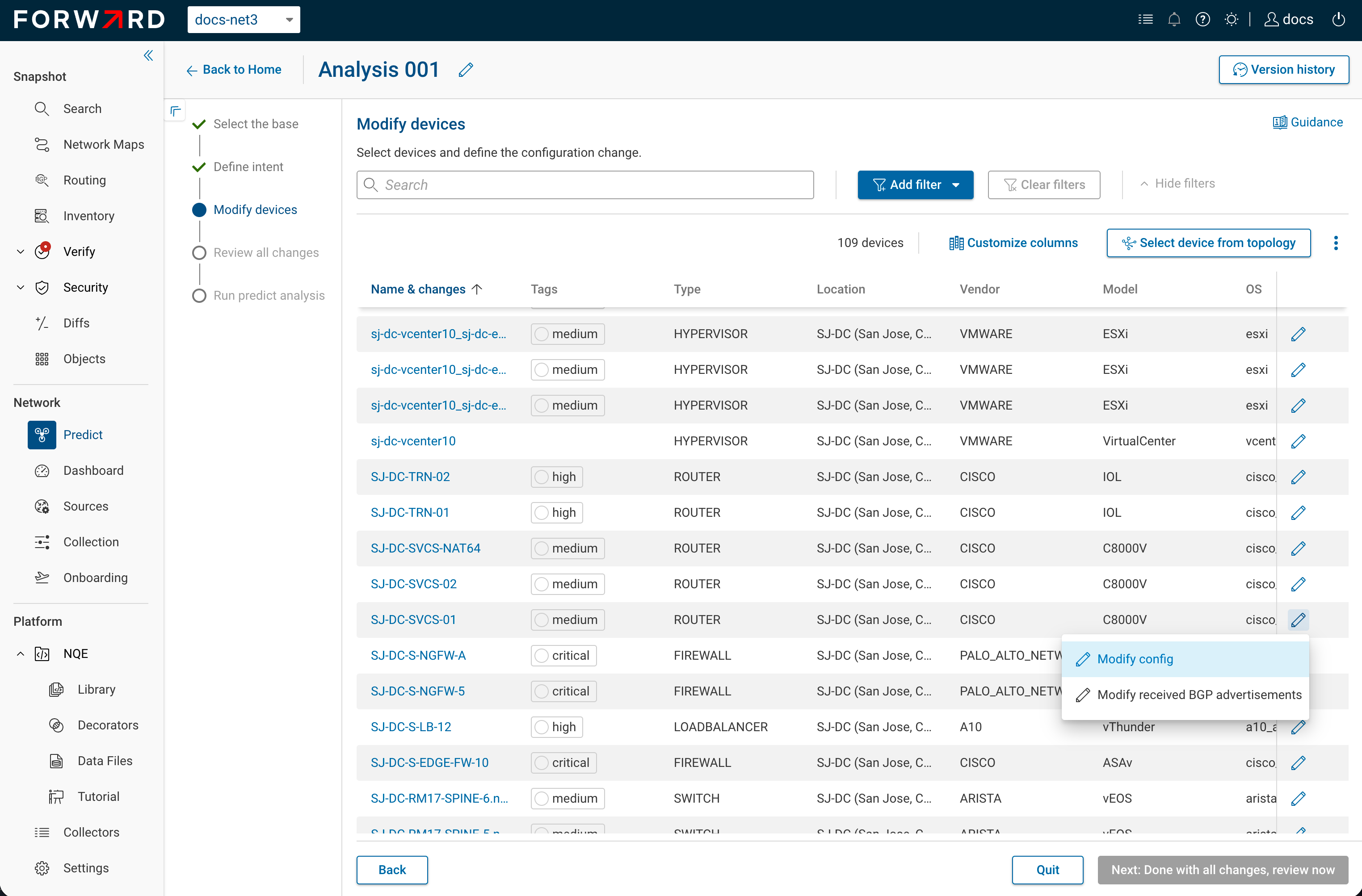 The per-device change menu on the Modify devices step, with Modify config and Modify received BGP advertisements