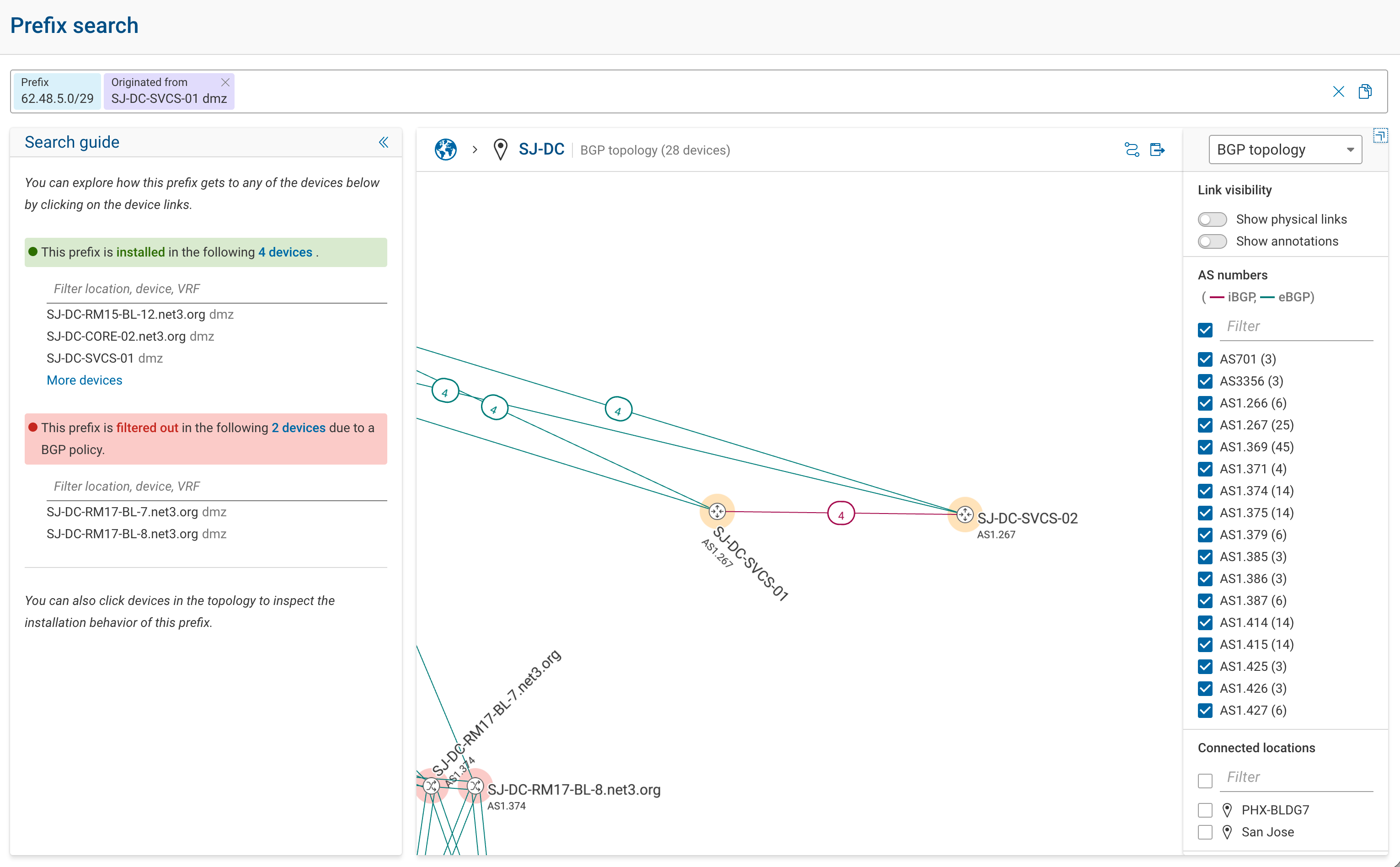 The Prefix search page: a token bar for prefix 62.48.5.0/29 originated from SJ-DC-SVCS-01, the Search guide listing the devices where the prefix is installed and where it is filtered out, and the BGP topology