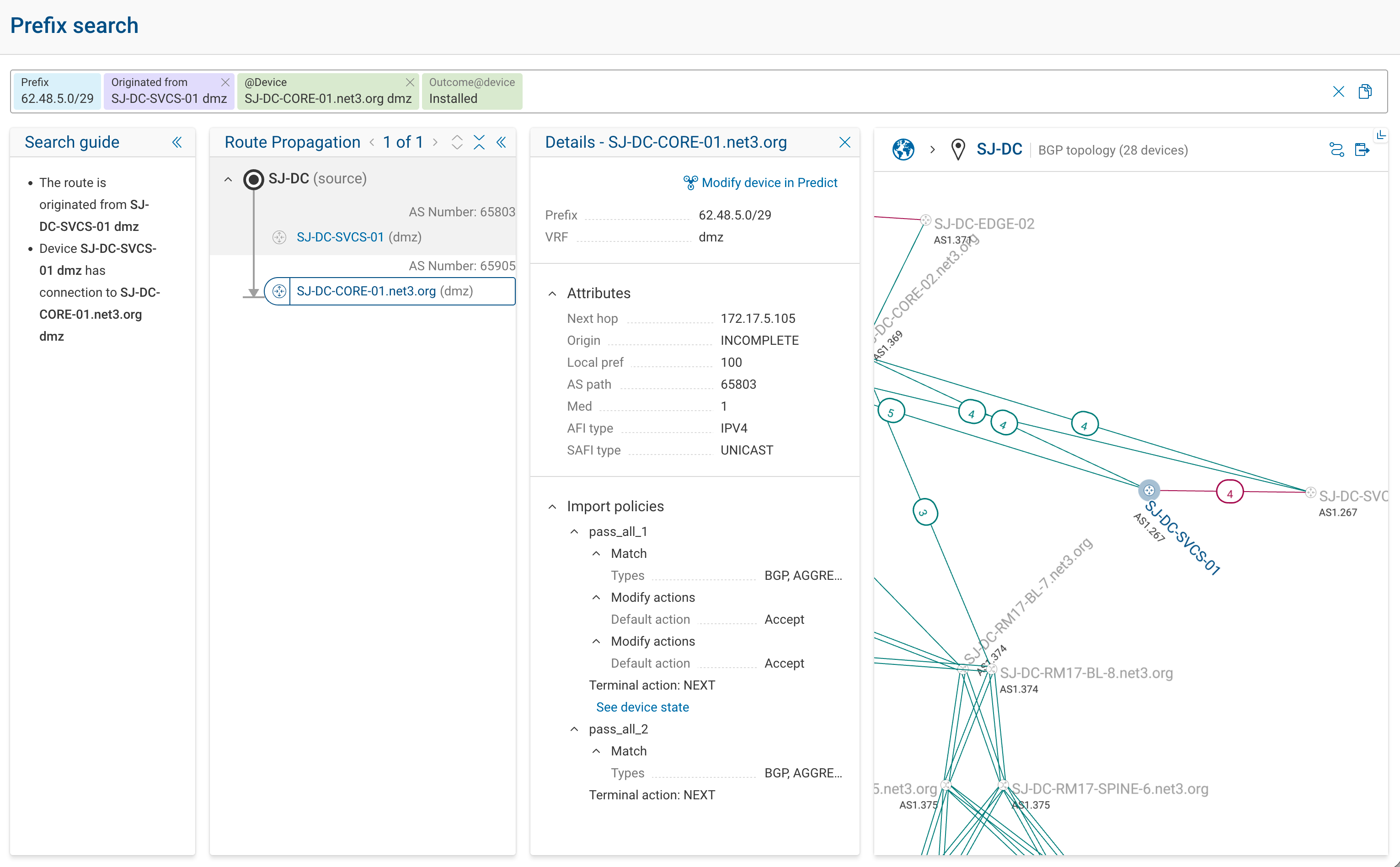 The Route Propagation trace for a prefix: the origin-to-hop tree, the route's attributes and import policies in the Details panel, and the BGP topology highlight