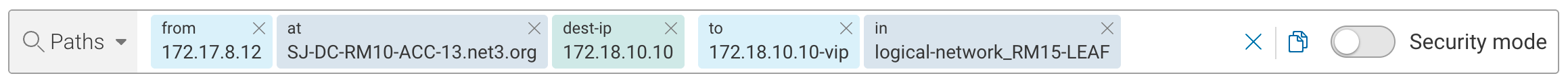 Query bar with from, at, dest-ip, to, and in chips narrowing the anchors