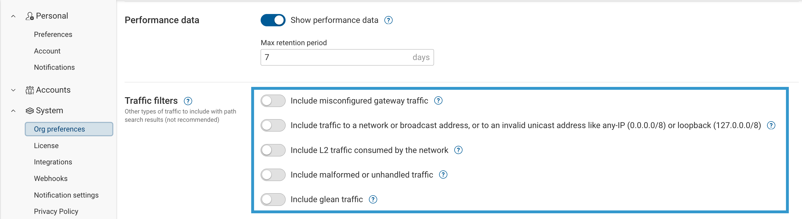Org settings for Traffic filters