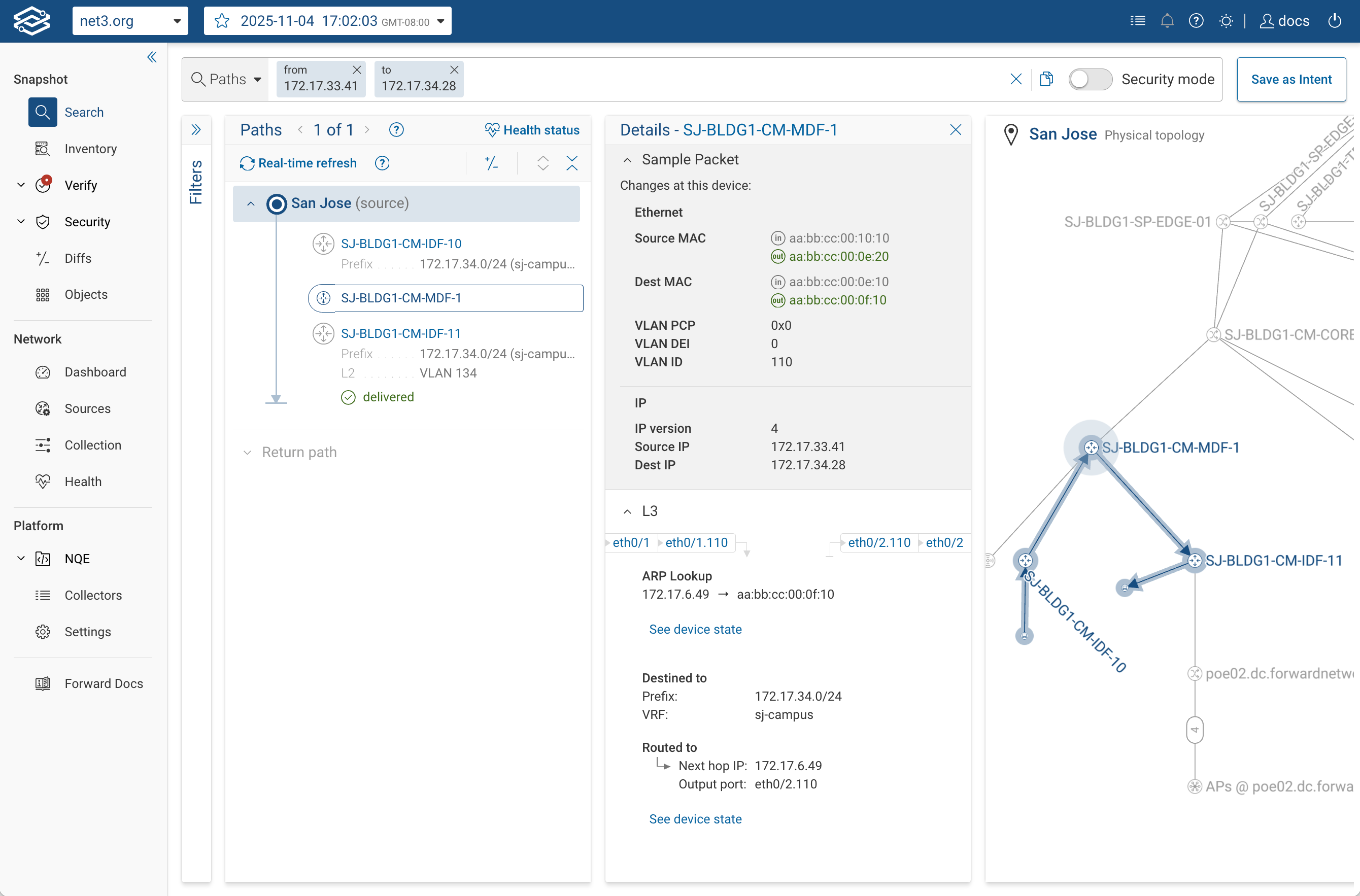 Full result view: query bar, hop list, hop details, and topology