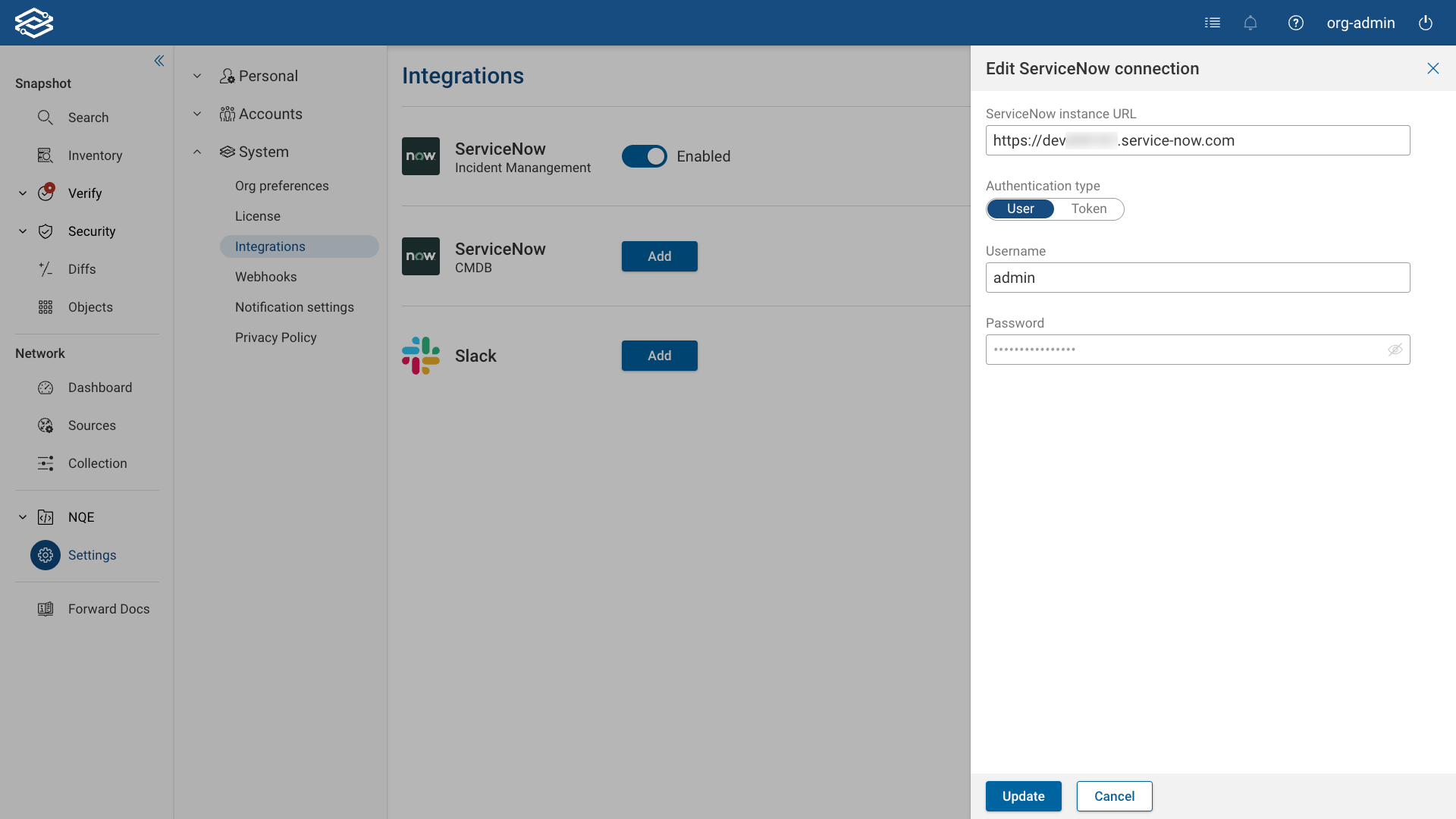 Edit ServiceNow Connection