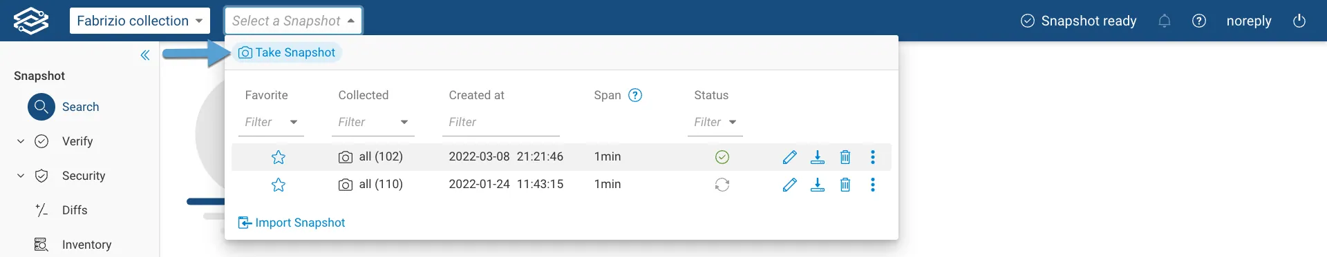 Manual Collection Snapshot selector