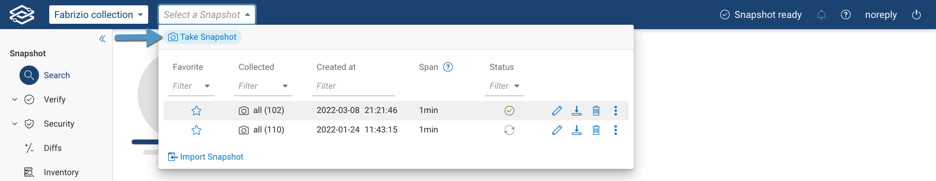 Manual Collection Snapshot selector
