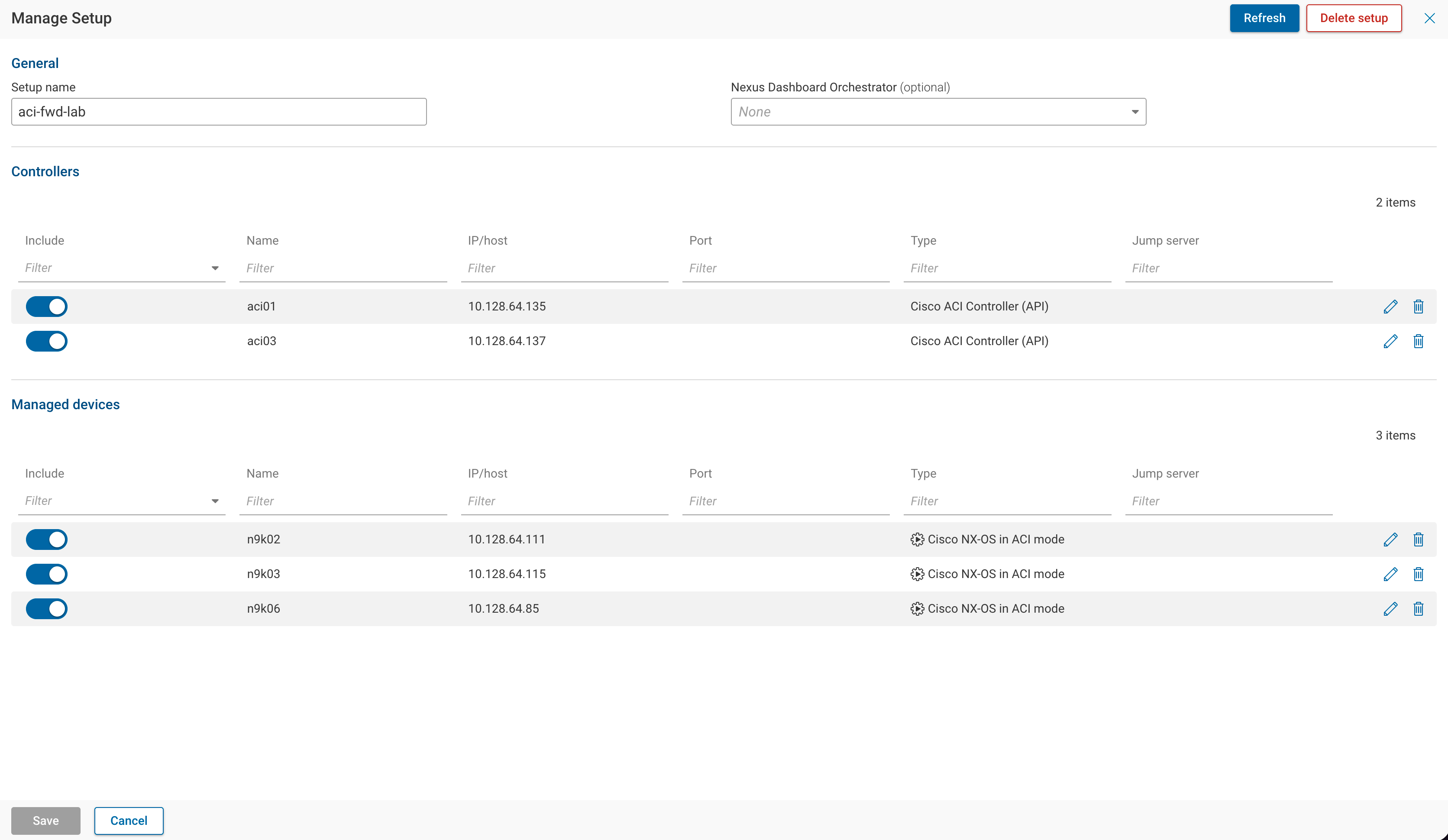 Manage Setup drawer with controllers, managed devices, and per-row include toggles