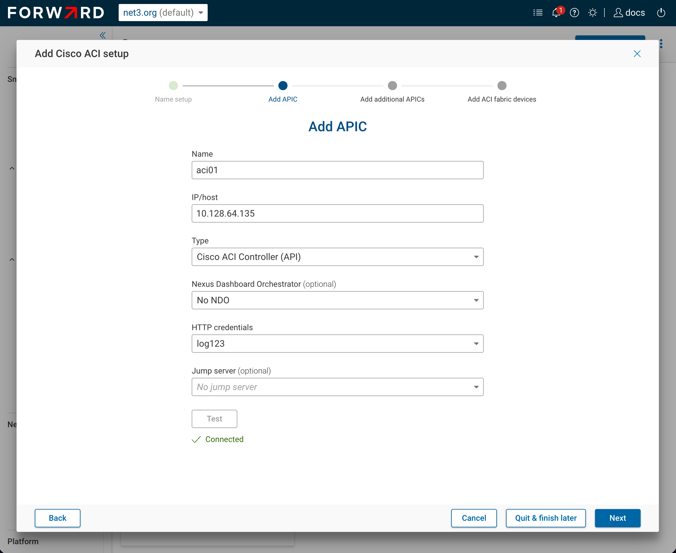 Add APIC wizard step with a successful connection test