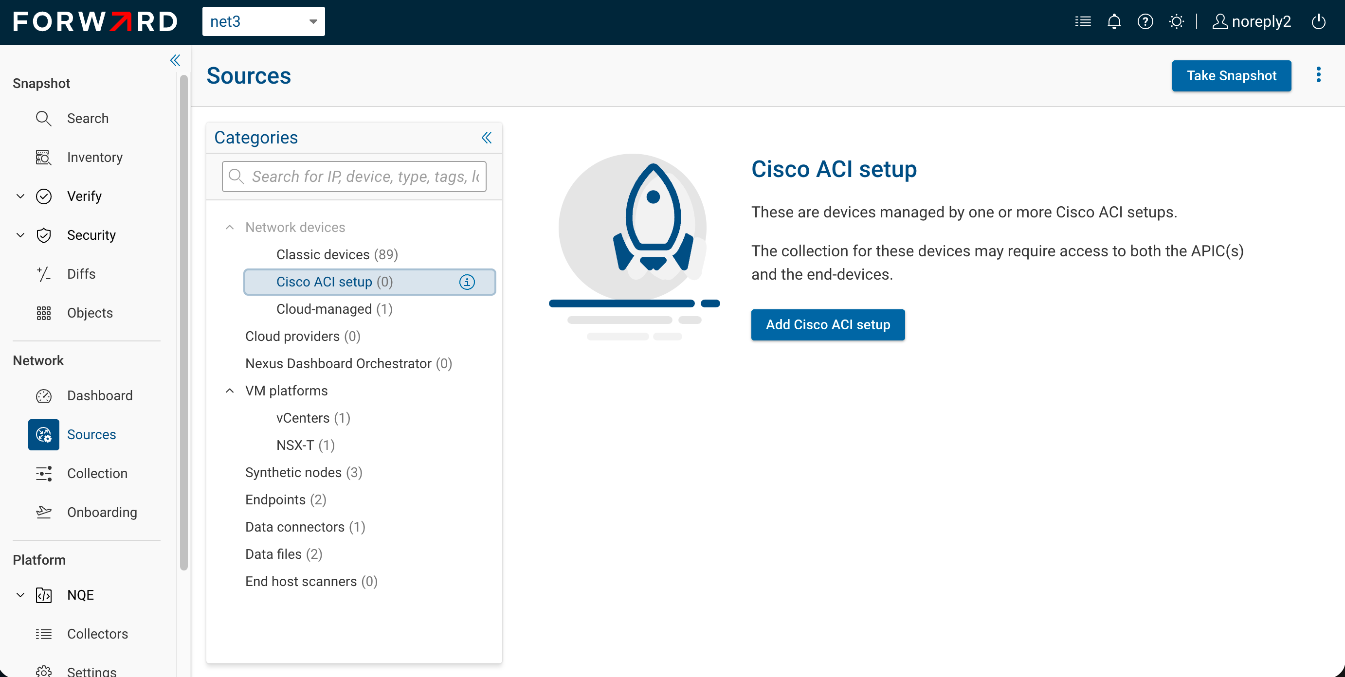 Cisco ACI setups landing with the Add Cisco ACI setup button