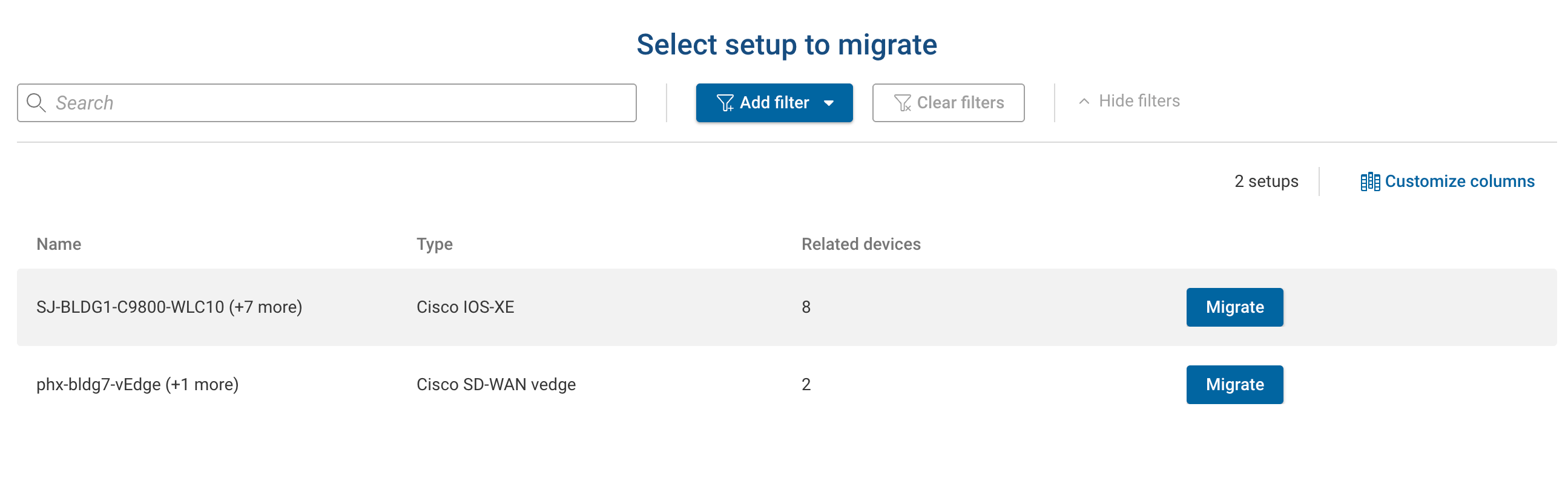 Select setup to migrate wizard step