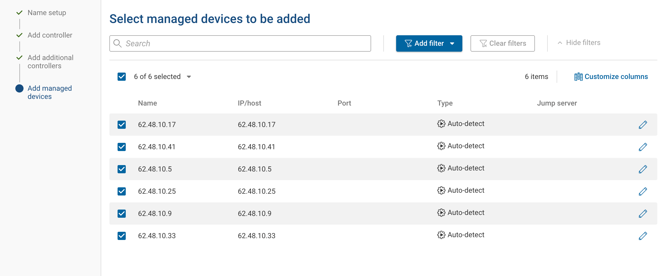 Select managed devices wizard step