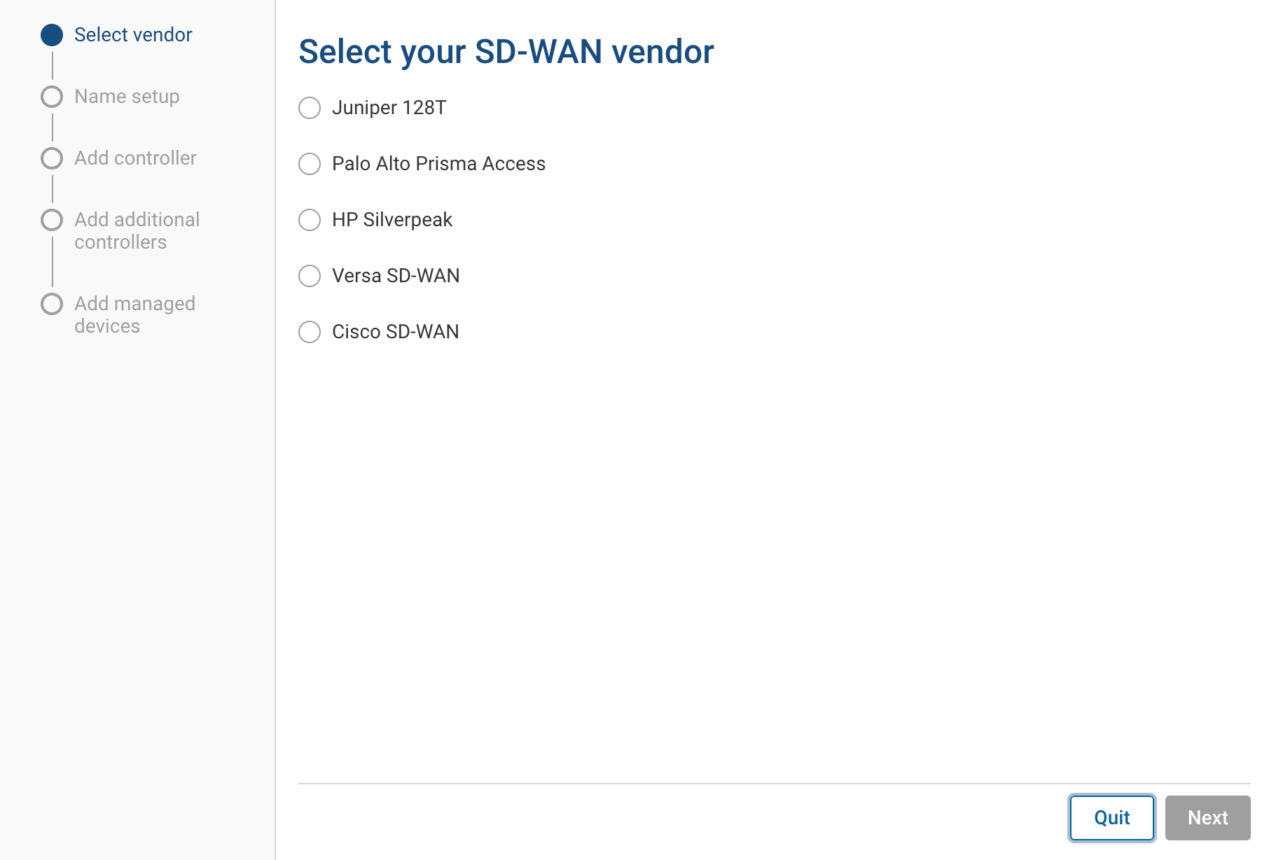Select your SD-WAN vendor wizard step