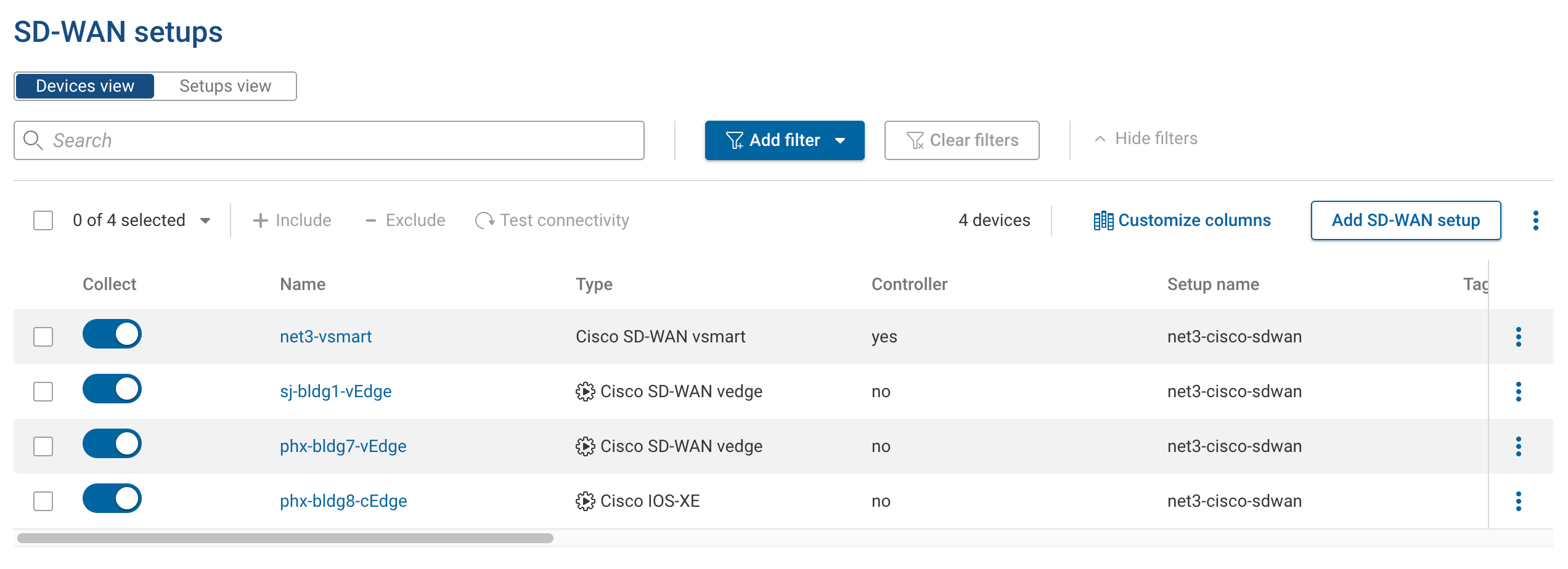 SD-WAN setups tab showing a setup with its controller and managed devices