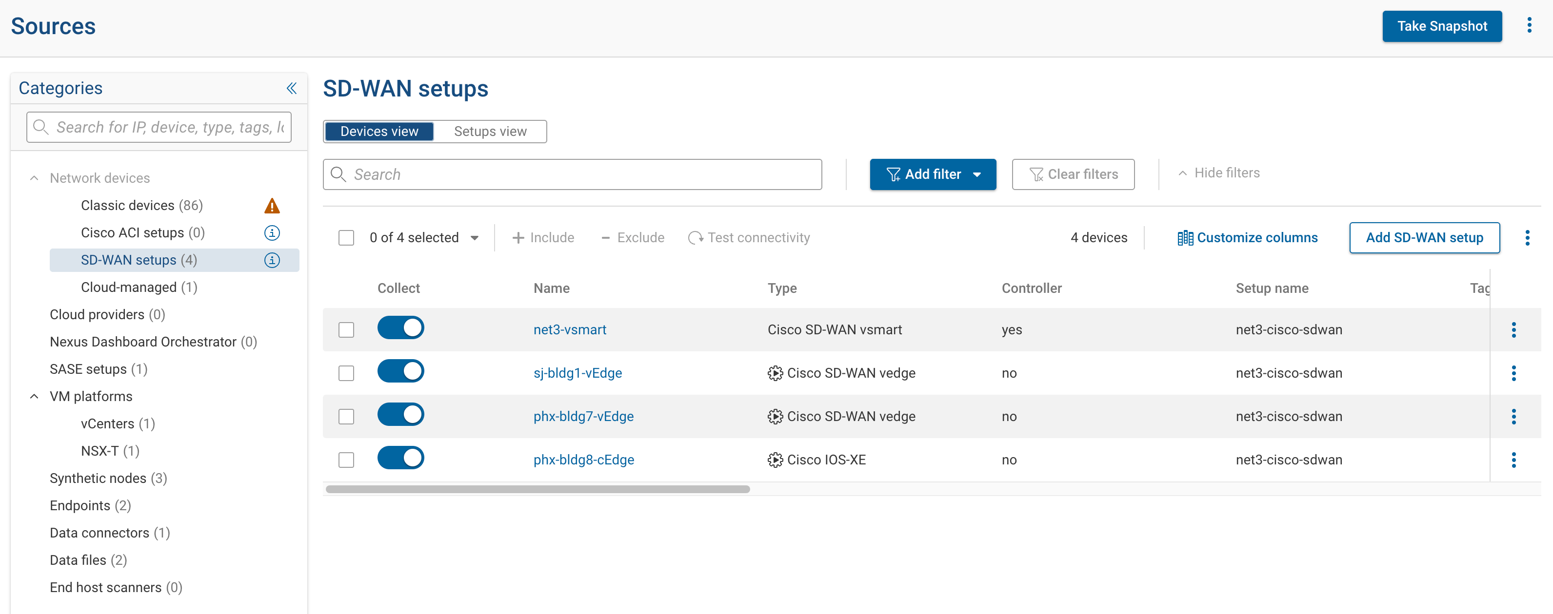 SD-WAN setups tab with the Add SD-WAN setup button