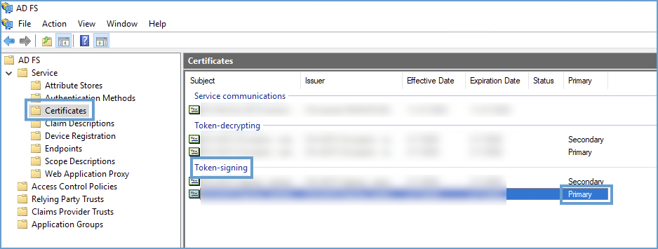 ADFS Navigation to Primary Token-signing Certificate