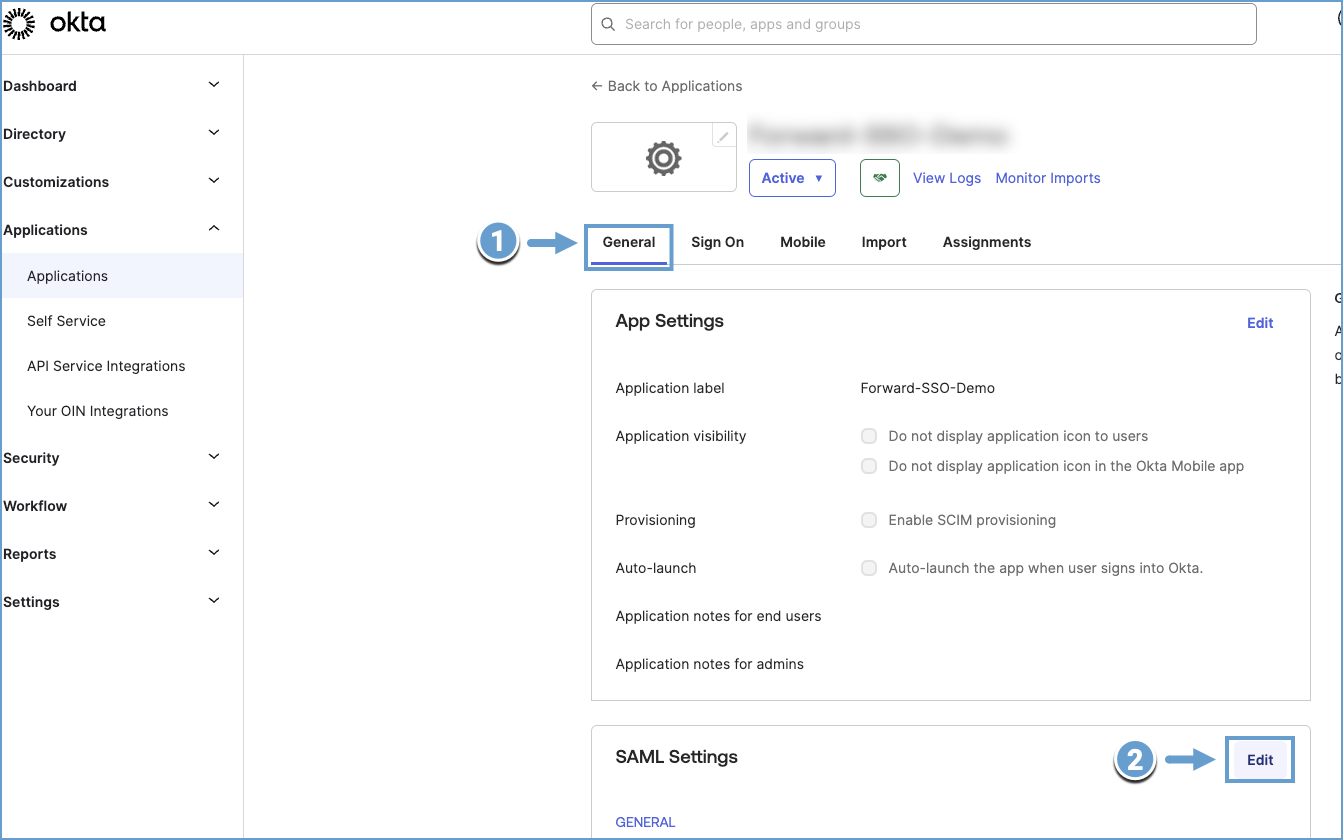 Okta SAML settings Navigation