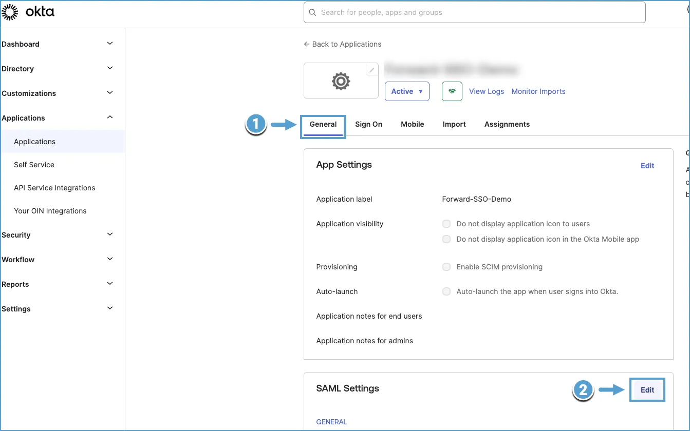 Okta SAML settings Navigation