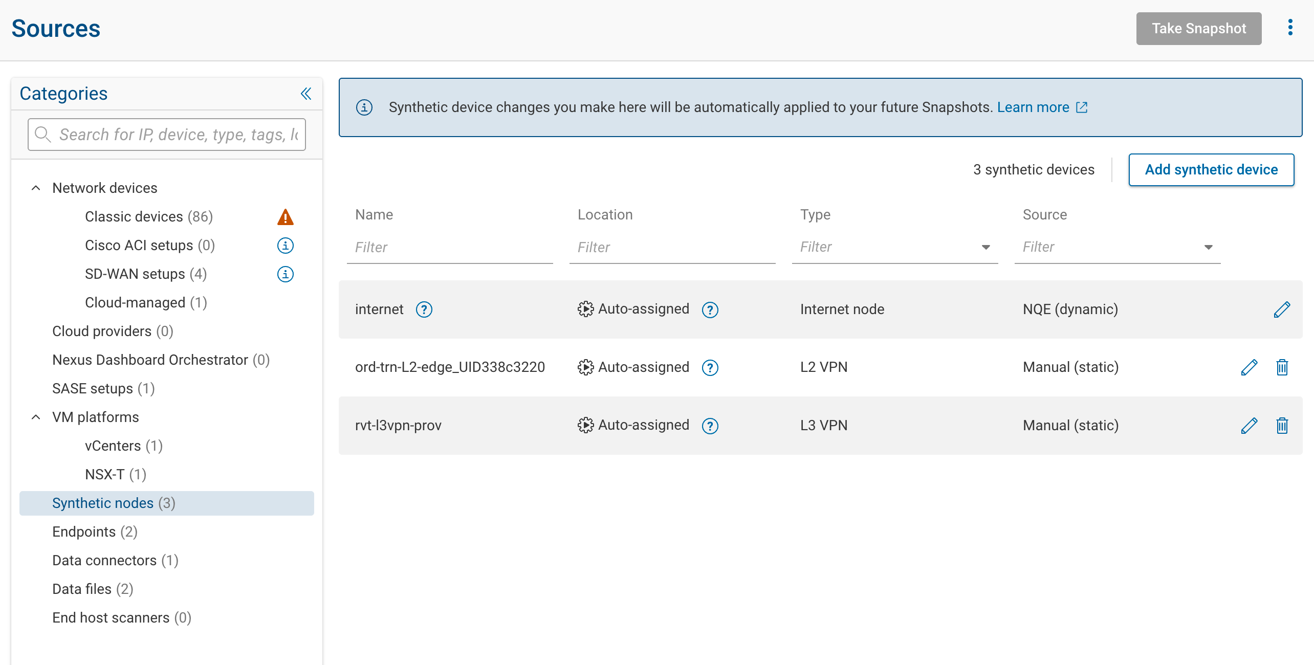 The Sources page with the Synthetic nodes category selected, listing the network's synthetic devices in a table with Name, Location, Type, and Source columns, and an Add synthetic device button. Each row has edit and delete controls.
