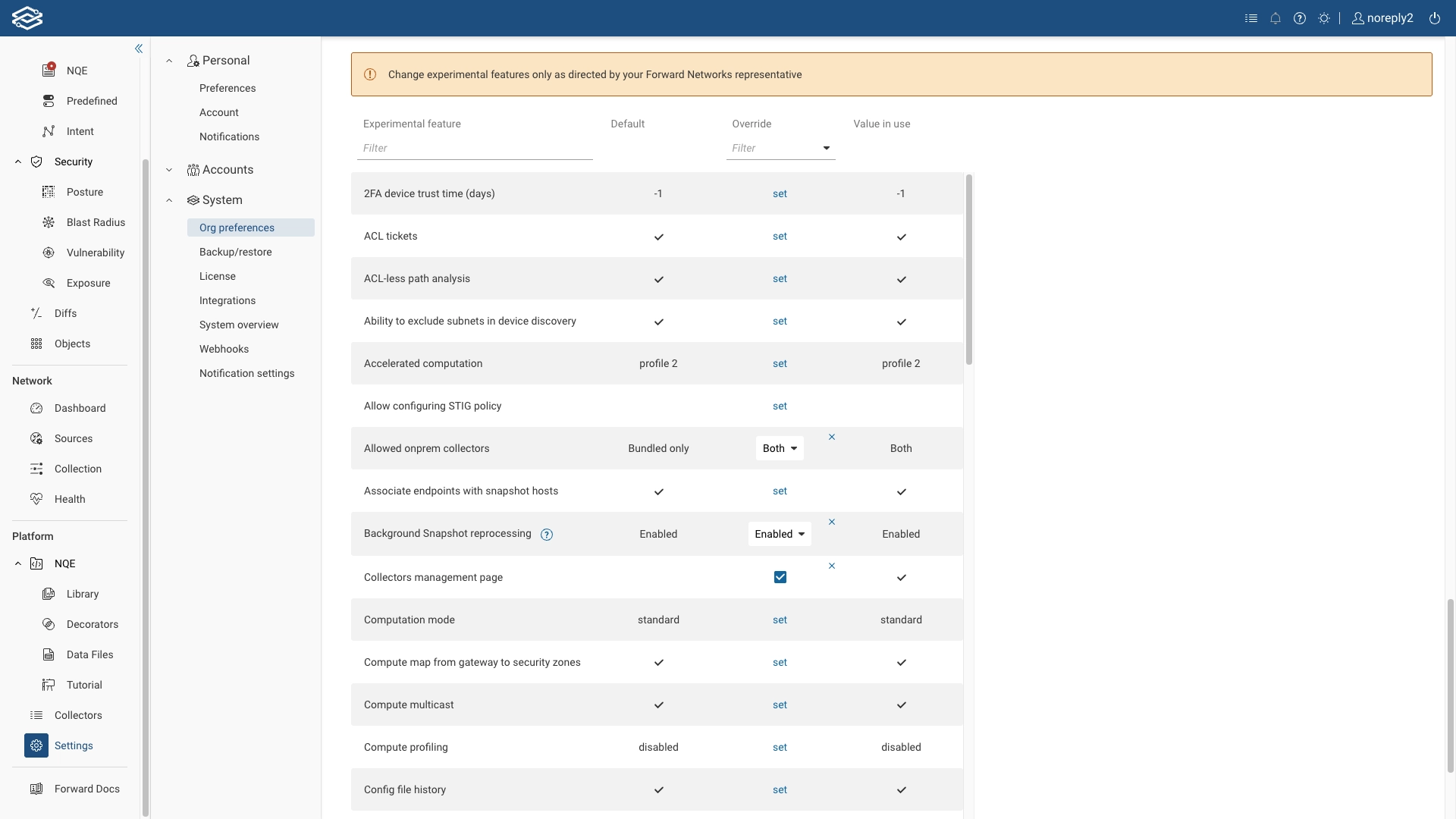 System Settings Experimental Features