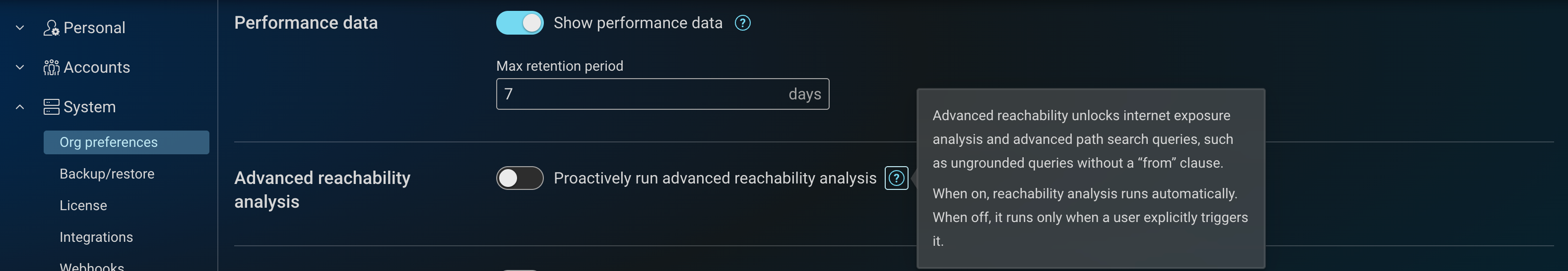 Advanced reachability analysis settings