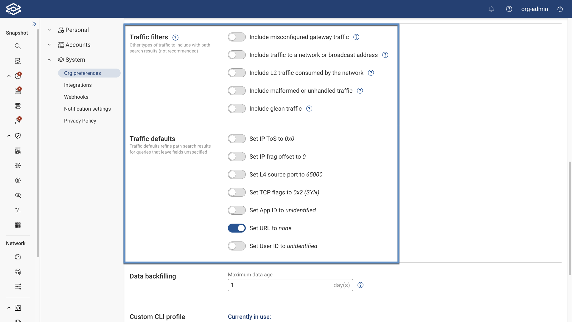 System Settings Traffic filters and defaults