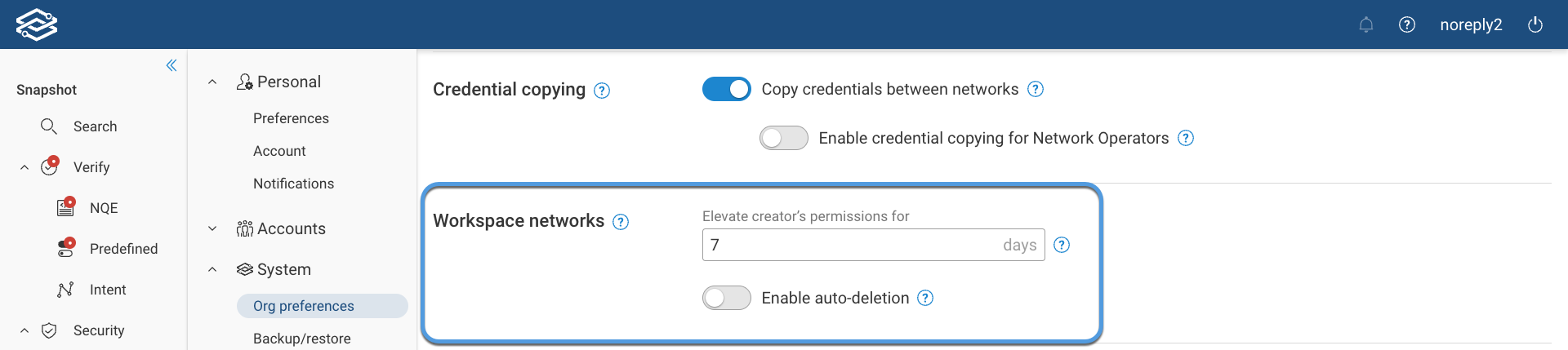 System Settings Workspace networks