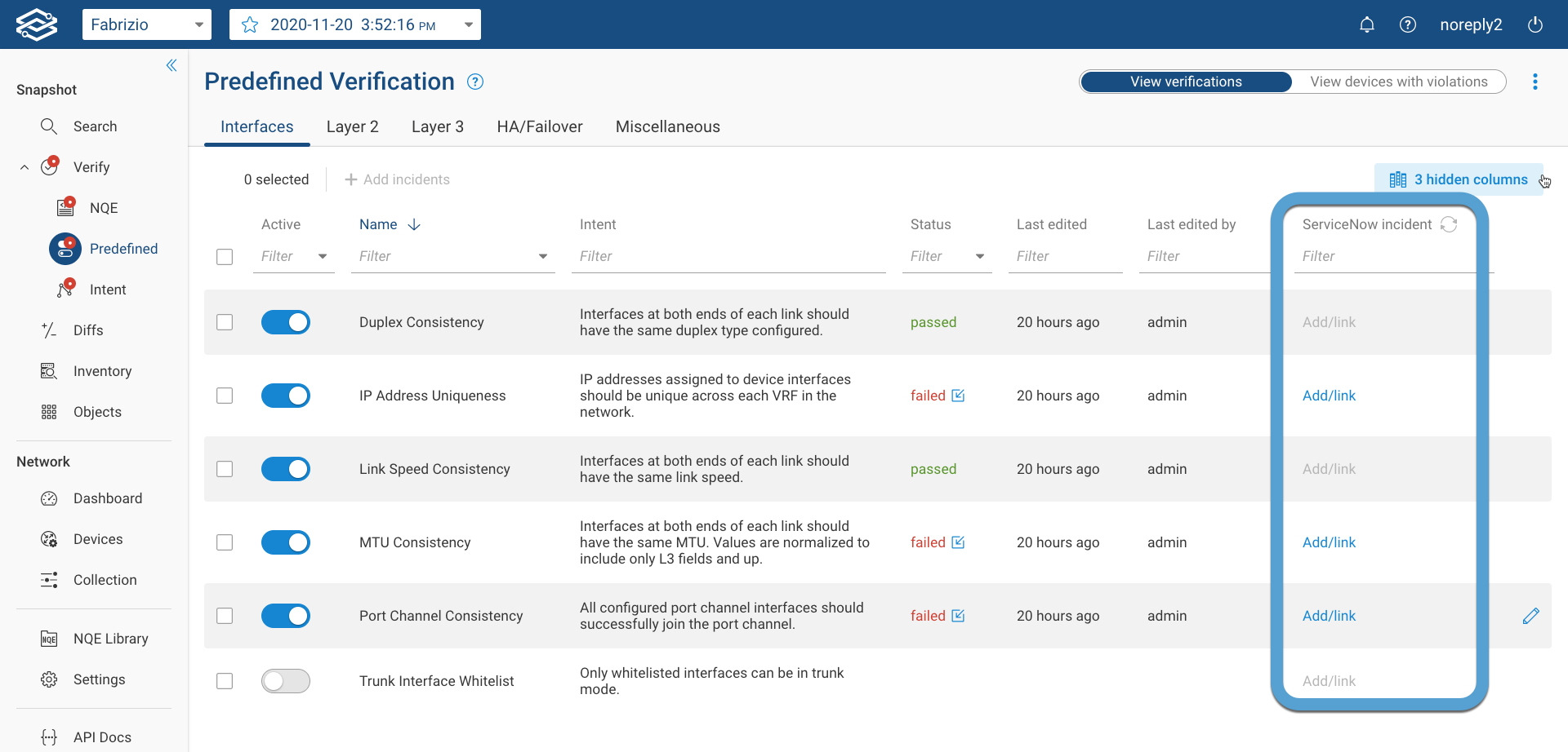 ServiceNow colum in Verify