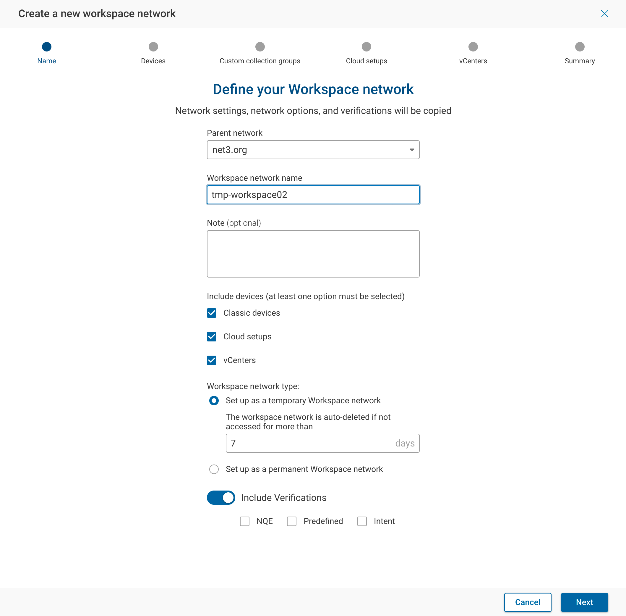 Define your Workspace network wizard
