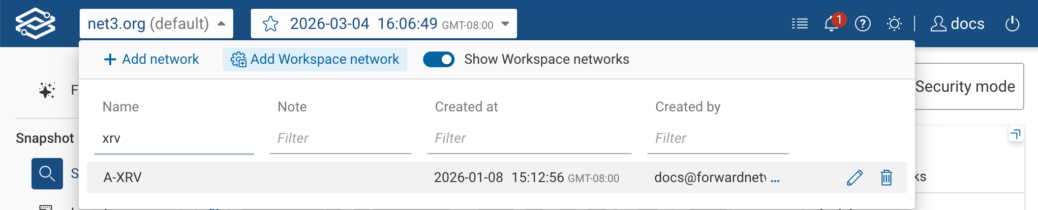 Network Selector dropdown with "Add Workspace network" option