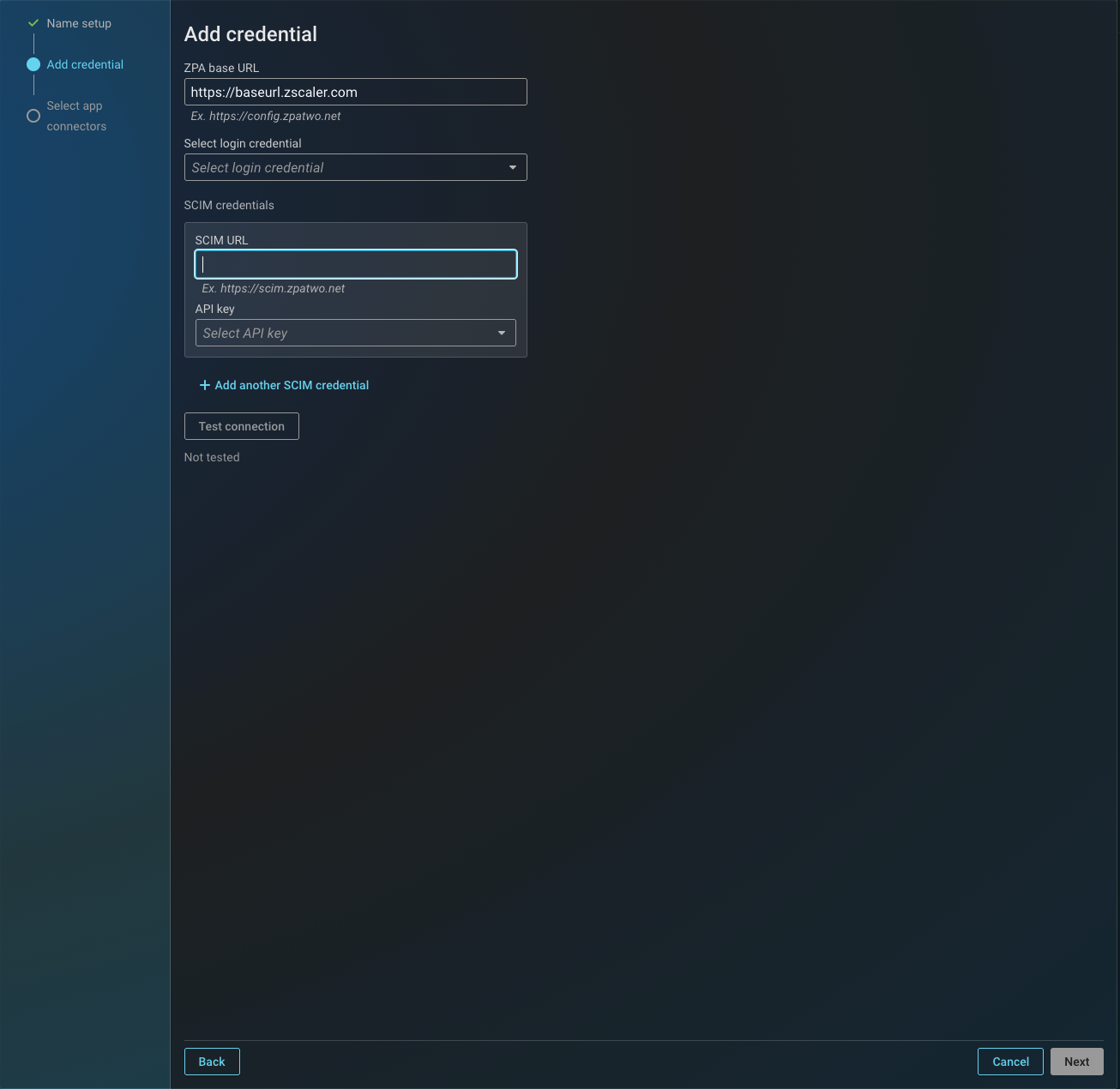Add credential wizard step with the ZPA base URL, login credential, and SCIM fields