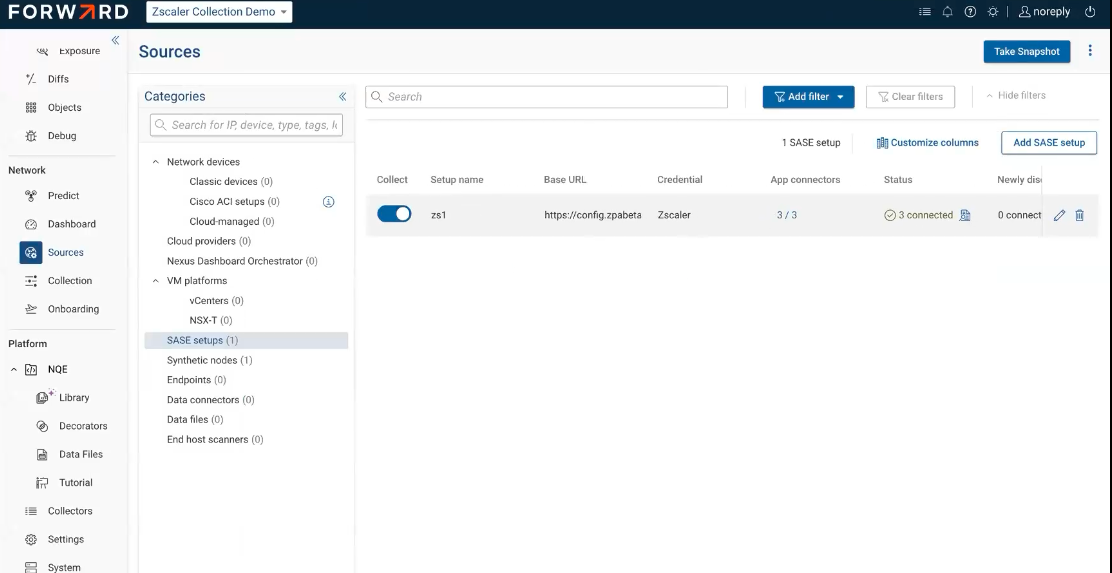 SASE setups section showing a Zscaler setup with its connector and connectivity status