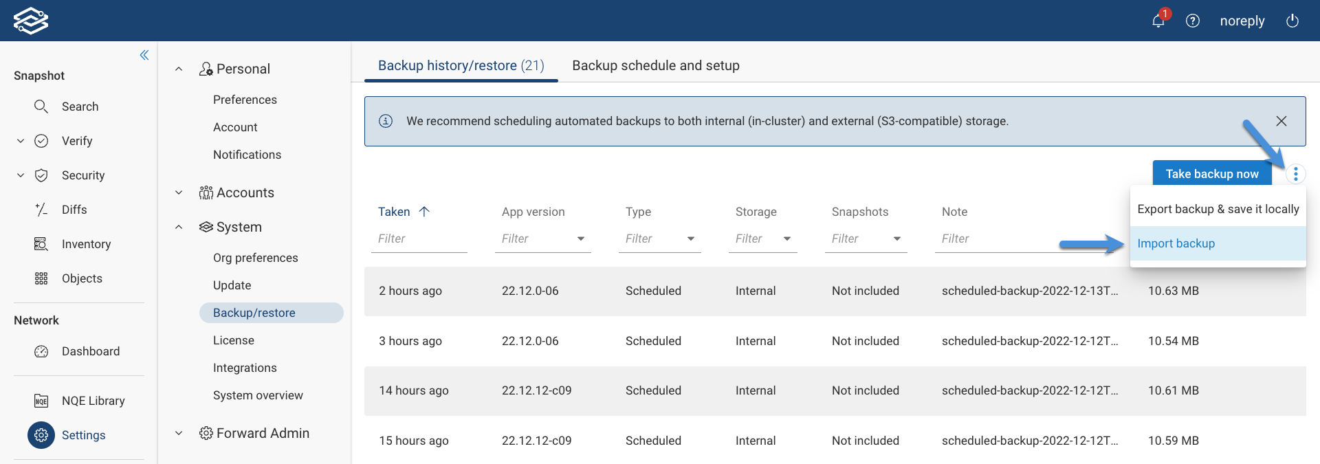 Backup Import Select