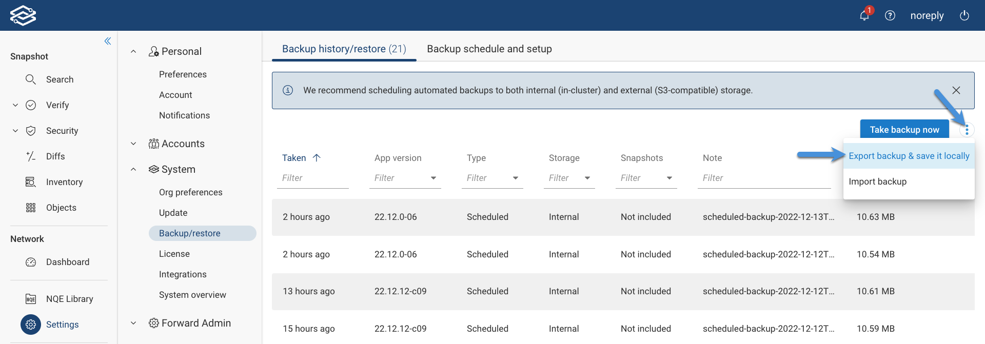 Backup Export Select