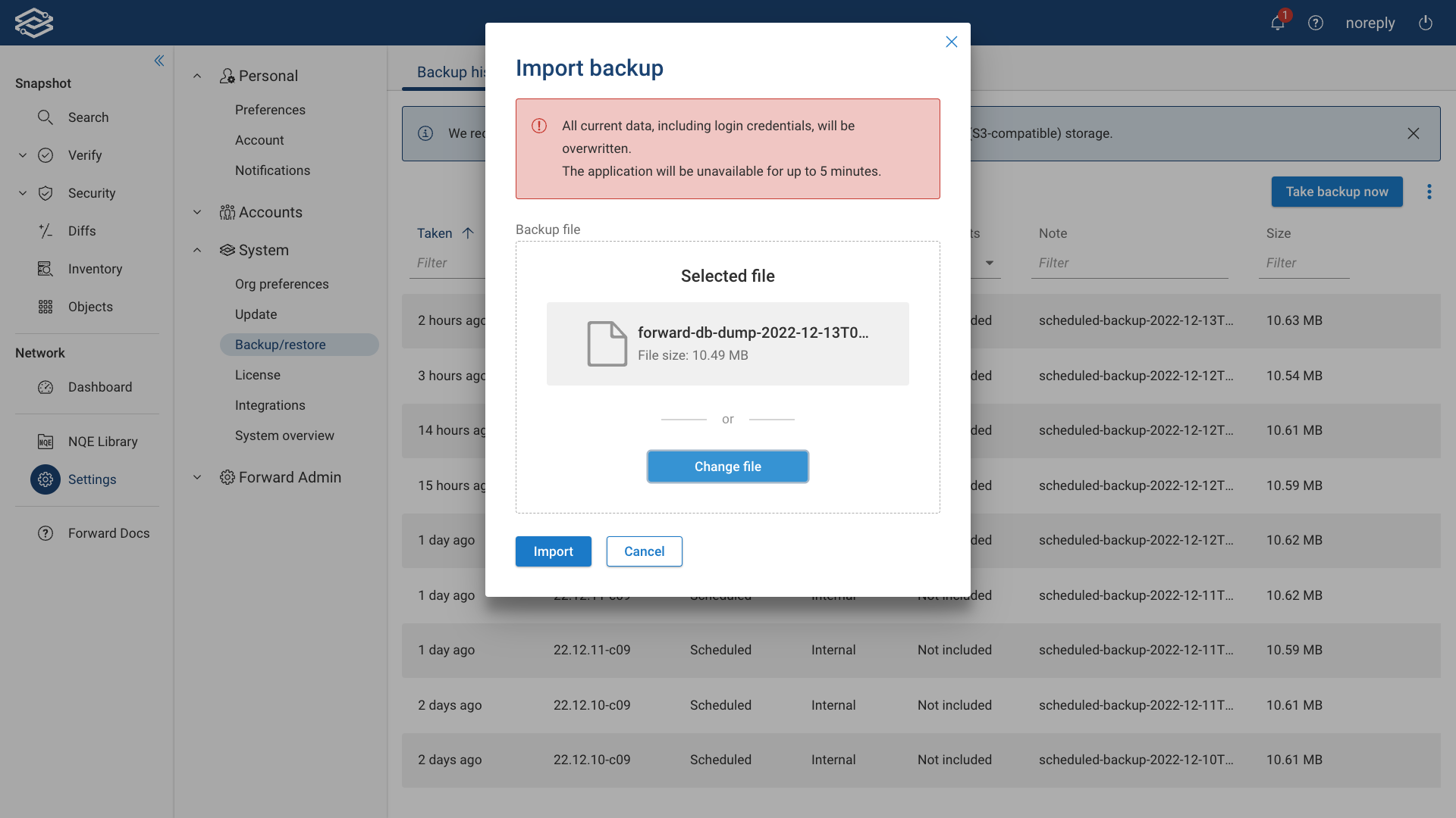 Backup Import Select