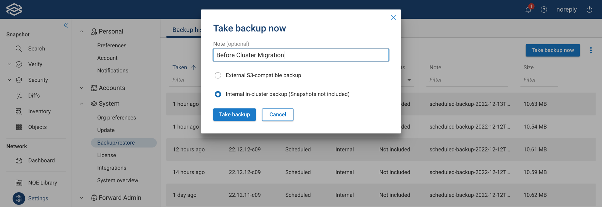 Backup in-Cluster Manual Backup